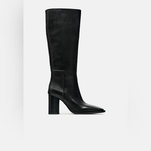 Zara block heel knee high leather boots. Round toe.